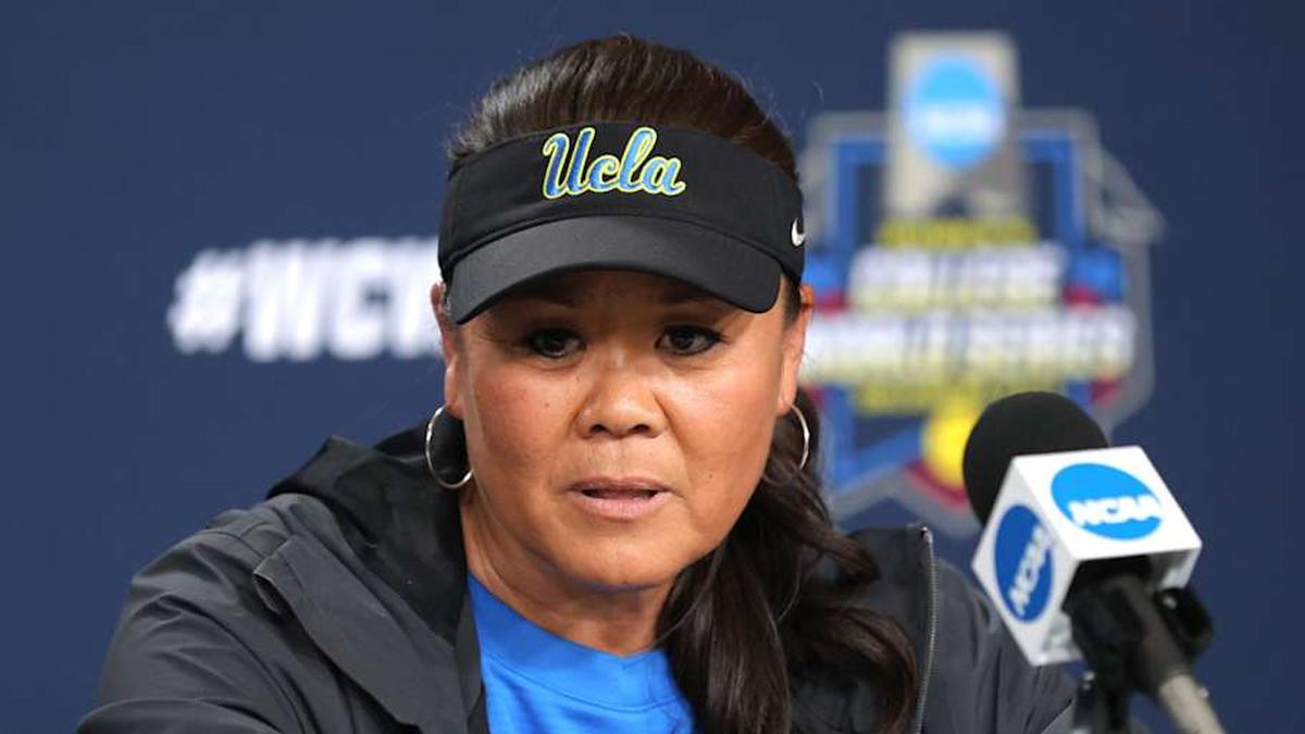  UCLA head softball coach Kelly Inouye-Perez speaks to the media during media day for the Women's College World Series at Devon Park in Oklahoma City, Wednesday, May, 29, 2024. | SARAH PHIPPS/THE OKLAHOMAN / USA TODAY NETWORK 