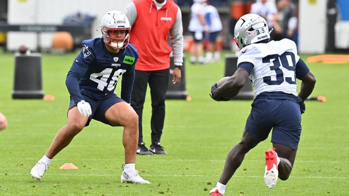  May 9, 2026; Foxborough, MA, USA; New England Patriots linebacker Namdi Obiazor (48) does a drill with running back Myles Montgomery (39) during the New England Patriots rookie camp at Gillette Stadium. Mandatory Credit: Eric Canha-Imagn Images | IMAGN IMAGES via Reuters Connect 