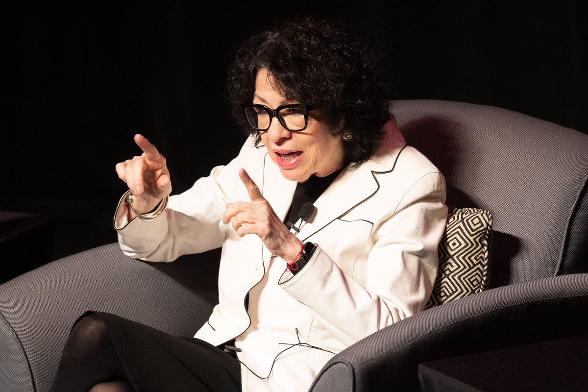 U.S. Supreme Court Justice Sonia Sotomayor talks to the audience at an event in Lawrence, Kansas, on April 7, 2026.