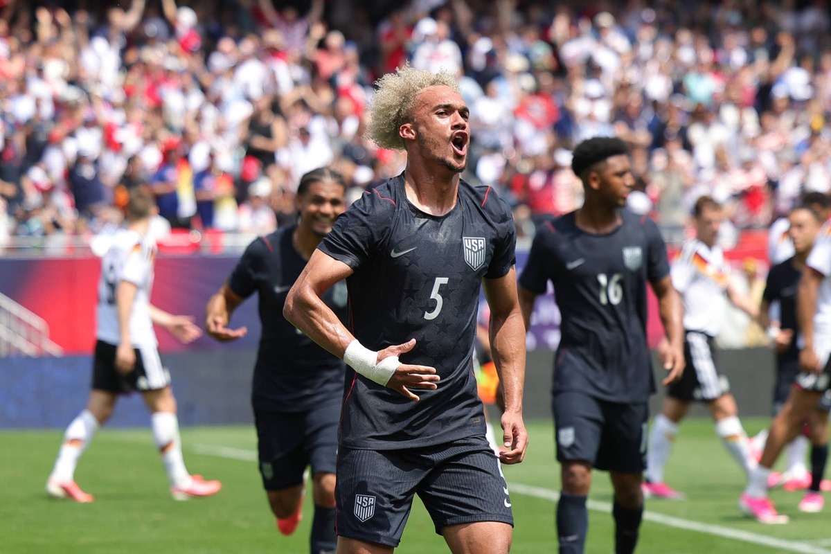  Antonee Robinson of United States celebrates after scoring his team's first goal during the international friendly match between United States and Germany at Soldier Field on June 06, 2026 in Chicago, Illinois. (Photo by John Dorton/USSF/Getty Images) Photo by John Dorton/USSF/Getty Images