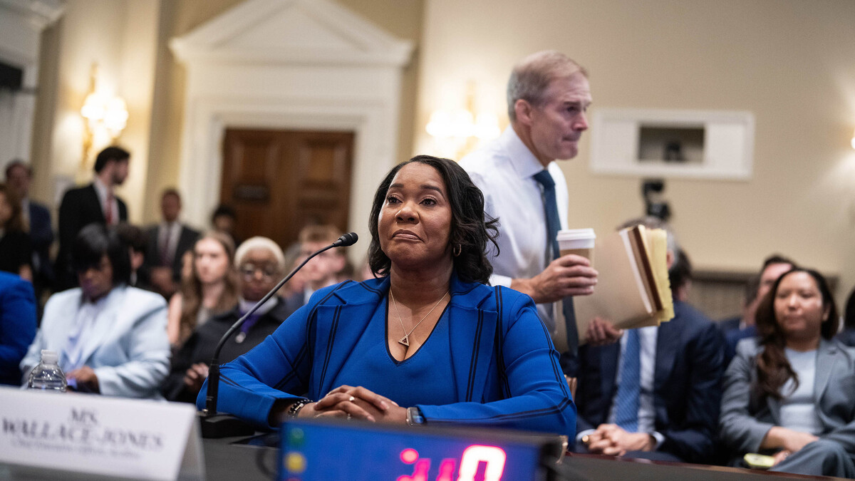 Rep. Jim Jordan (R-OH) walks by Regina Wallace-Jones, CEO of ActBlue, as she prepares to testify during the House Administration Committee hearing titled "Preventing Fraudulent Donations: Transparency, Verification, and Accountability," in the Longworth building on Wednesday, June 10, 2026, in Washington, D.C. (Tom Williams/CQ Roll Call/Zuma Press/TNS)