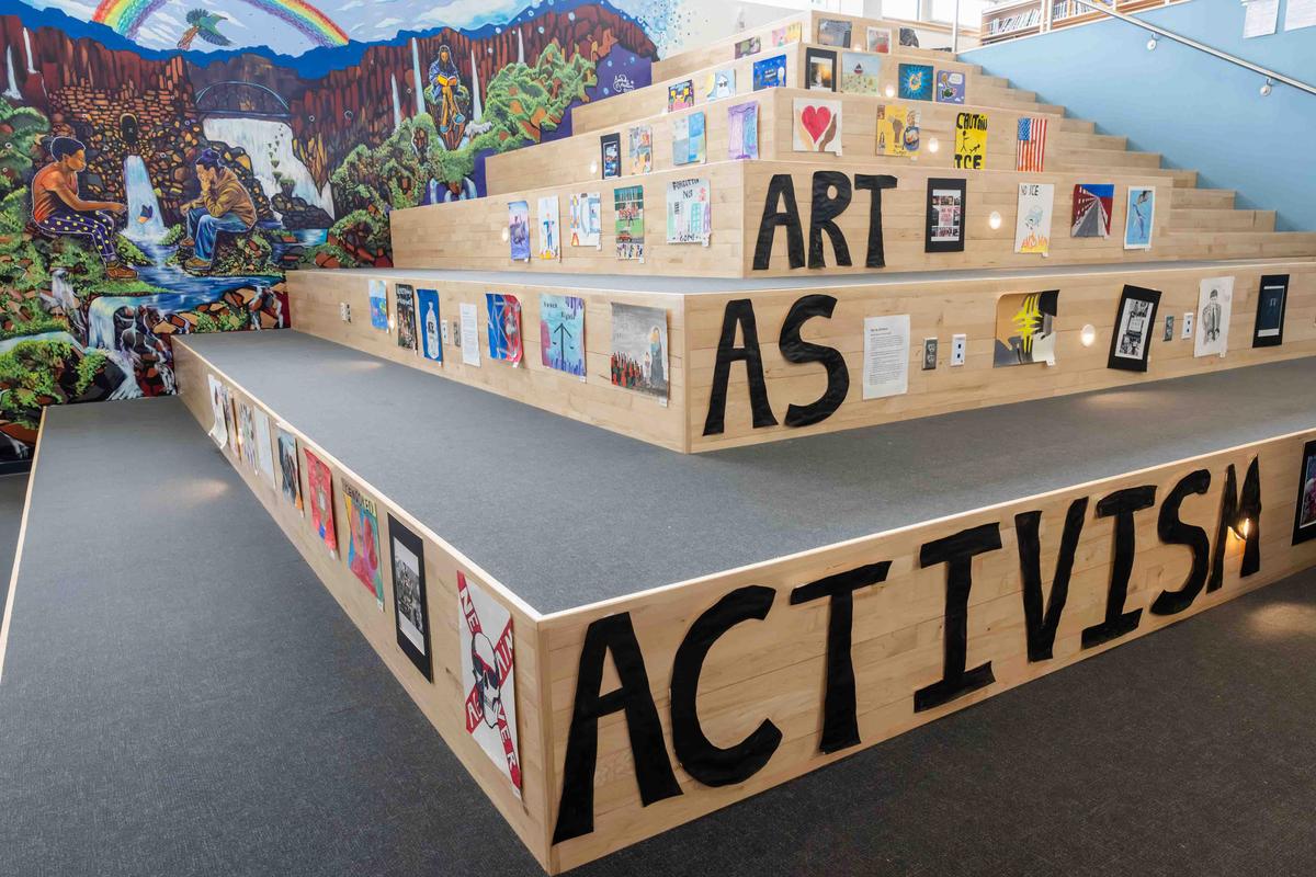  Student artwork is displayed prominently in the atrium at Winooski High School in Winooski, VT. Credit: Oliver Parini for The Hechinger Report