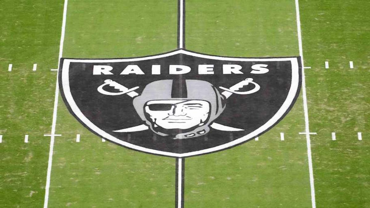  Jan 4, 2026; Paradise, Nevada, USA; The Las Vegas Raiders shield logo at midfield at Allegiant Stadium. Mandatory Credit: Kirby Lee-Imagn Images | Kirby Lee-Imagn Images 