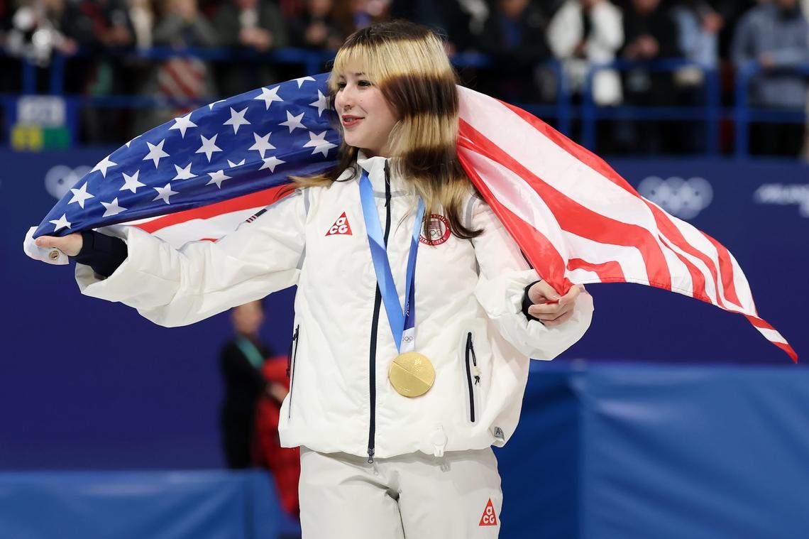  Alysa Liu of Team with her Olympic Gold Medal in Milan and Cortina.Elsa/Getty Images 