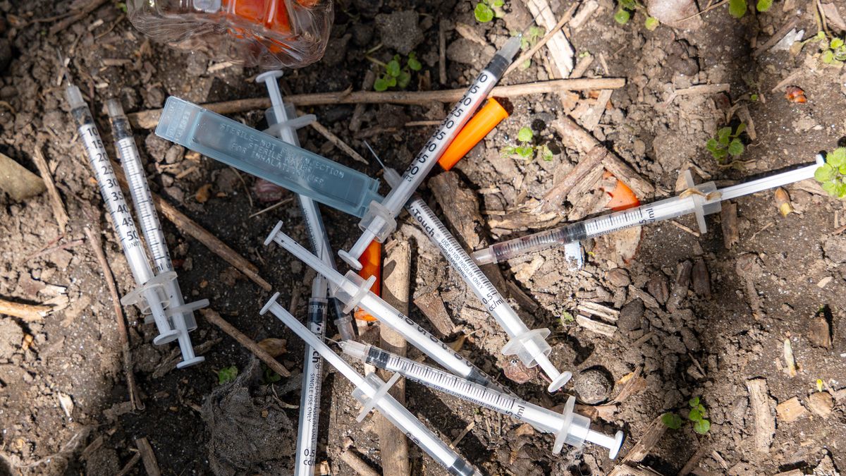 Dirty needles are collected by outreach workers as they participate in a weekly needle clean-up at a Bronx park that drug users often use on April 23, 2025, in New York City.