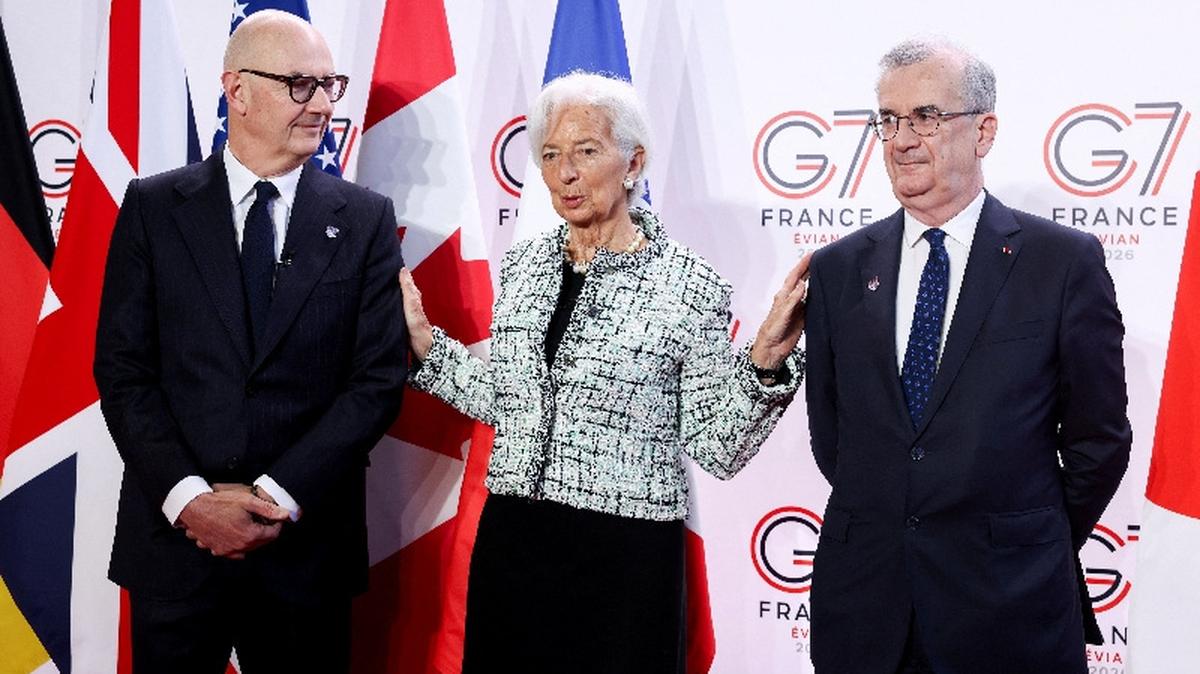From left, French Finance Minister Roland Lescure, European Central Bank President Christine Lagarde and Banque de France Governor Francois Villeroy de Galhau pose for a photo ahead of a G7 finance ministers and central bank governors meeting in Paris on Monday.