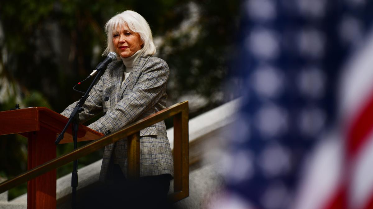 Mesa County Clerk and Recorder Tina Peters speaks during a rally at the Colorado State Capitol building on April 5, 2022, in Denver. (Hyoung Chang/The Denver Post/TNS)