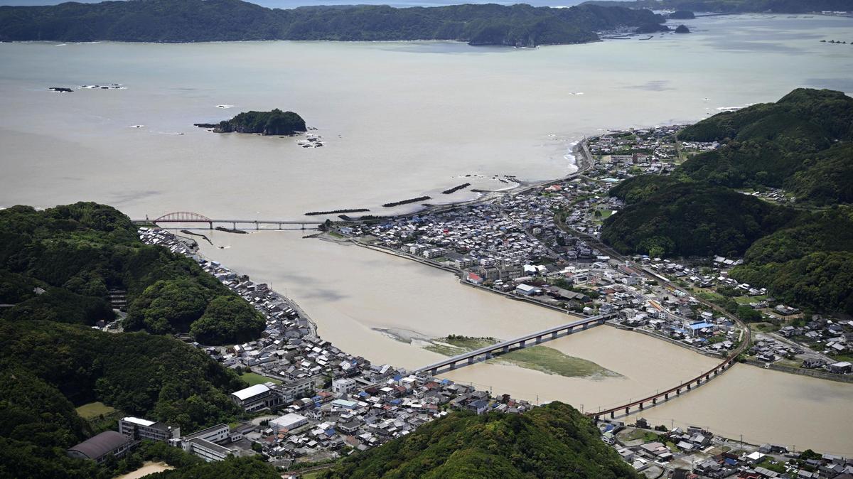 Swollen Koza River, following heavy rainfall brought by Typhoon Jangmi, in Kushimoto, Wakayama Prefecture, Japan June 3, 2026, in this photo taken by Kyodo. Mandatory credit Kyodo/via REUTERS