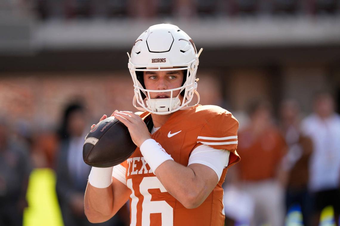  Nov 22, 2025; Austin, Texas, USA; Texas Longhorns quarterback Arch Manning (16) warms up before a game against the Arkansas Razorbacks at Darrell K Royal-Texas Memorial Stadium. Mandatory Credit: Scott Wachter-Imagn Images 