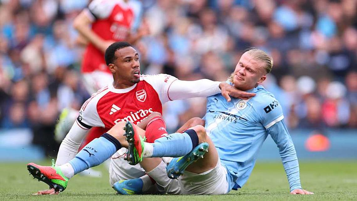  Gabriel and Erling Haaland were up against each other all game. | Catherine Ivill/AMA/Getty Images 