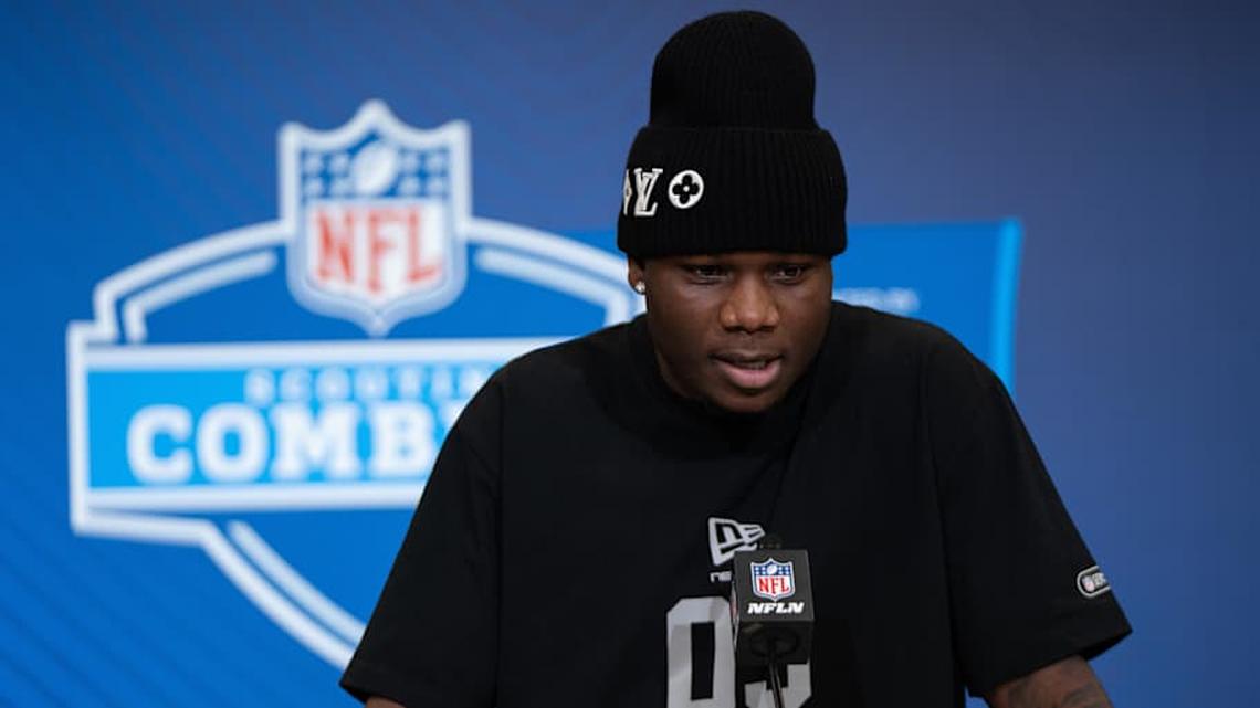  Louisville wideout Chris Bell (WO03) speaks to members of the media during the NFL Combine at the Indiana Convention Center. Mandatory Credit: Jacob Musselman-Imagn Images | Jacob Musselman-Imagn Images 