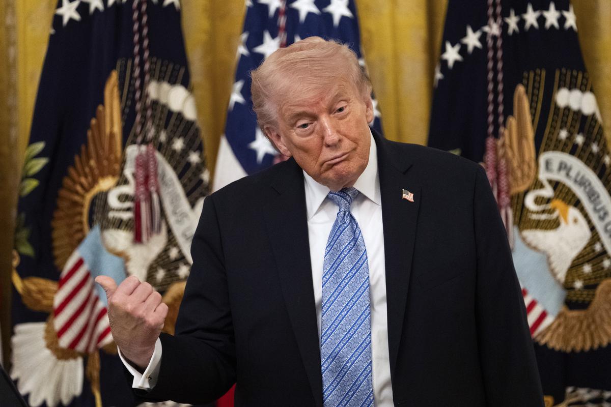 President Donald Trump gestures during an event for "Small Business Week" in the East Room of the White House in Washington, on Monday, May 4, 2026. (Allison Robbert/The New York Times)