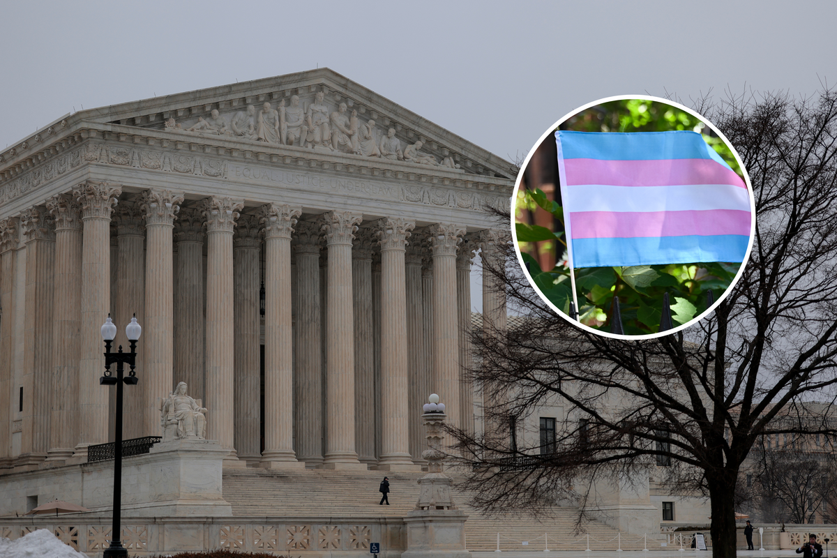  The Supreme Court building in Washington, D.C. Inset: A transgender flag raised during New York City’s Pride Parade on June 26, 2022. 