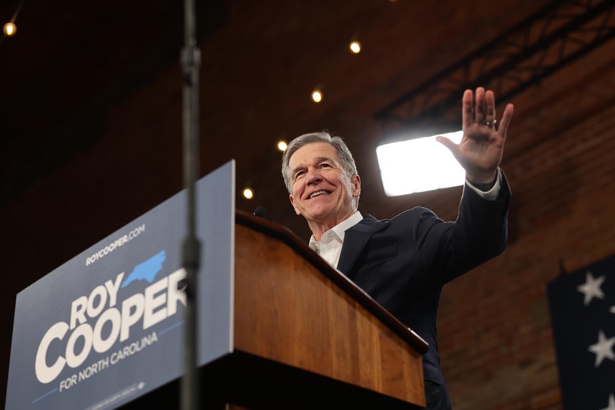  Democratic North Carolina Senate candidate Roy Cooper speaks at a campaign event on April 9, 2026, in Durham. 