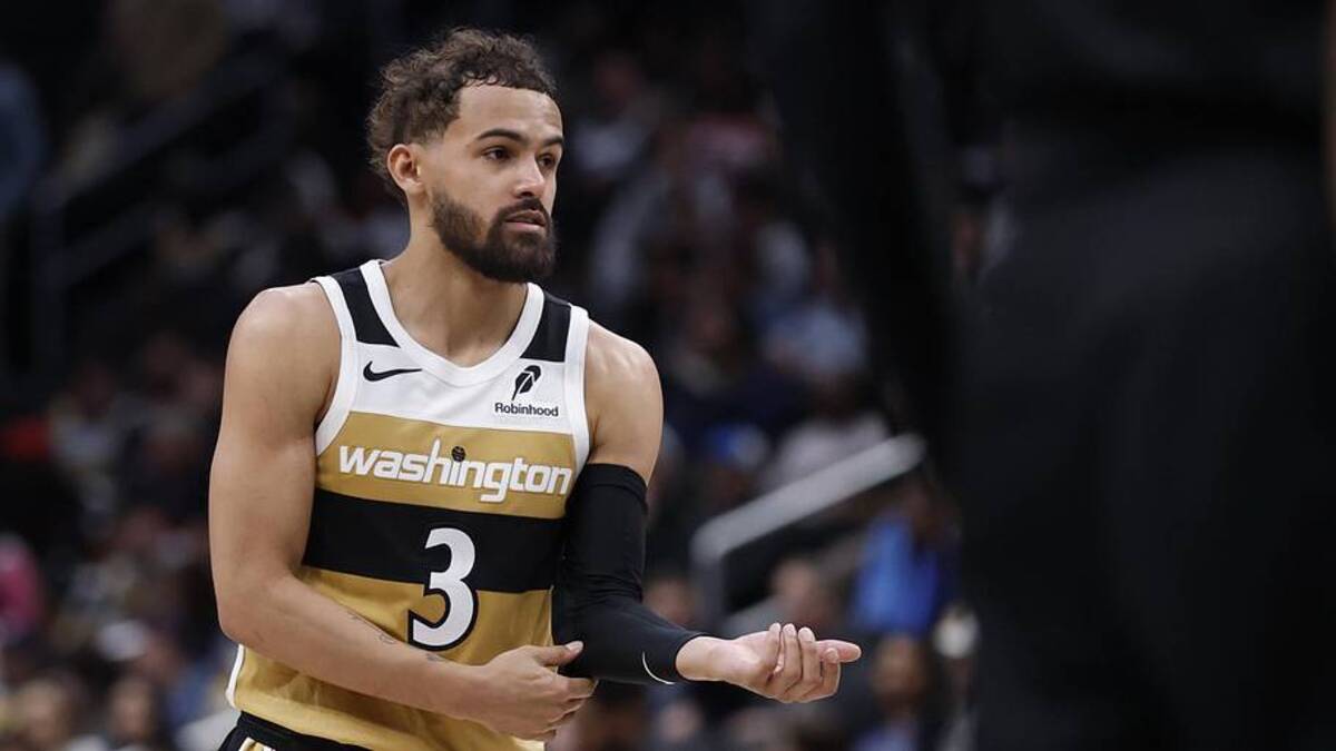  Mar 5, 2026; Washington, District of Columbia, USA; Washington Wizards guard Trae Young (3) stands on the court against the Utah Jazz in the second half at Capital One Arena. | Geoff Burke-Imagn Images 