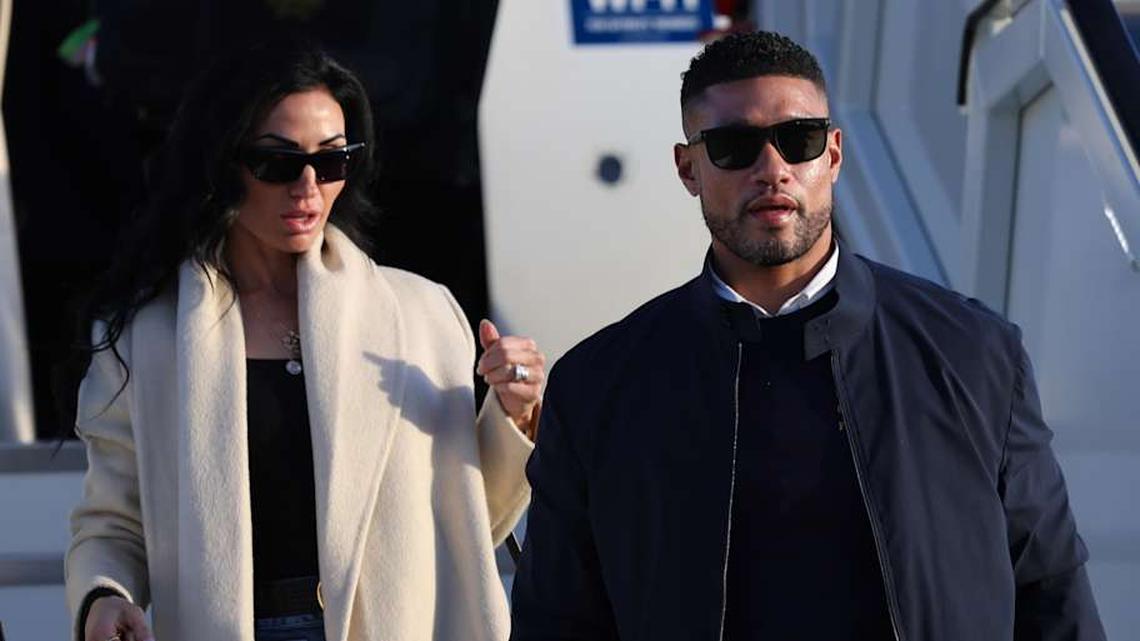  Jan 17, 2025; Atlanta, GA, USA; Notre Dame Fighting Irish head coach Marcus Freeman arrives at Hartsfield-Jackson Atlanta International Airport for the 2025 CFP National Championship game. | Matt Stamey/CFP Images via Imagn Images 