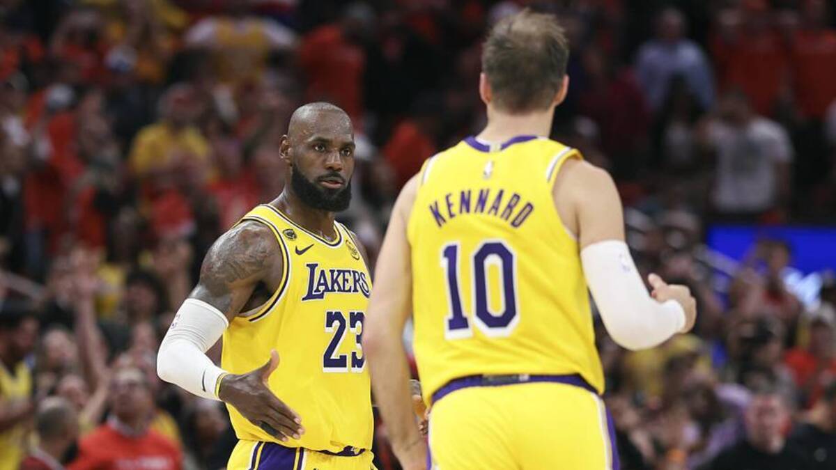  Apr 24, 2026; Houston, Texas, USA; Los Angeles Lakers forward LeBron James (23) celebrates with guard Luke Kennard (10) after scoring a basket during the fourth quarter against the Houston Rockets during game three of the first round of the 2026 NBA Playoffs at Toyota Center. Mandatory Credit: Troy Taormina-Imagn Images | Troy Taormina-Imagn Images 