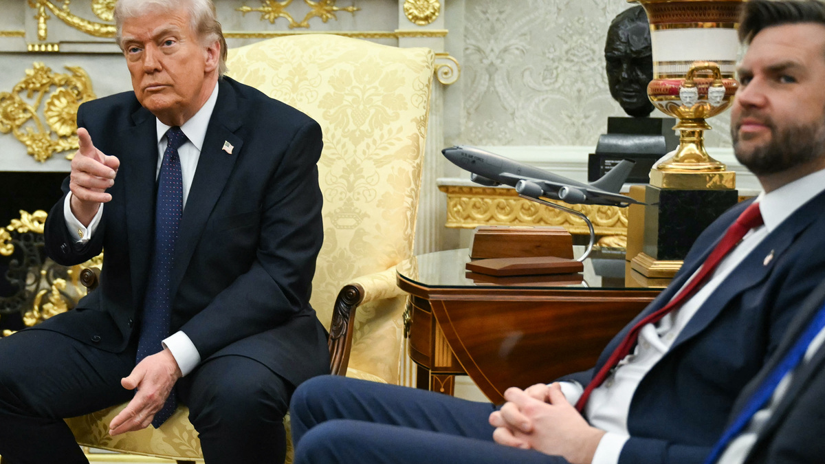 Vice President JD Vance, right, looks on as President Donald Trump speaks during a meeting with German Chancellor Friedrich Merz in the Oval Office of the White House in Washington, D.C., on March 3, 2026. (Andrew Caballero-Reynolds/AFP/Getty Images/TNS)