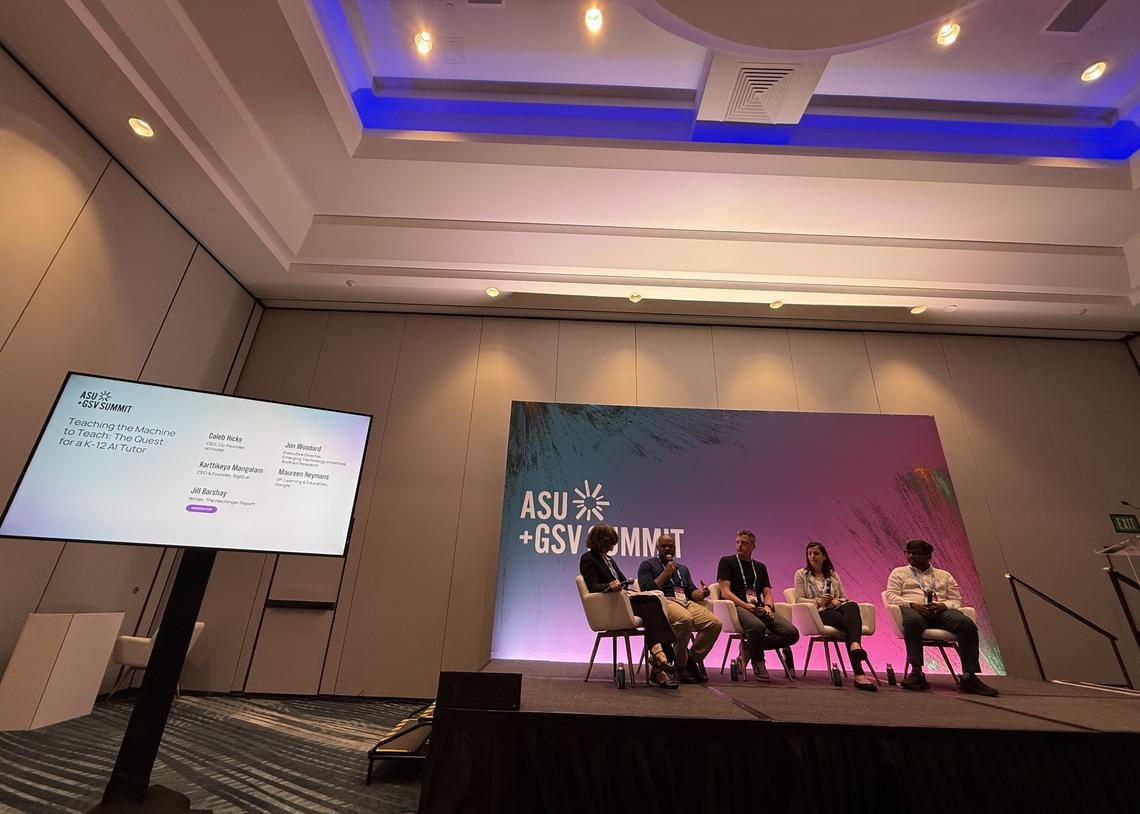  That’s me on the far left, moderating a panel about how different companies are taking different approaches to building AI tutors. To my right is Jon Woodard of Wolfram Research, Caleb Hicks of SchoolAI, Maureen Heymans of Google and Karttikeya Mangalam of EverTutor (Photo courtesy of Chloë Conacher/Google) 