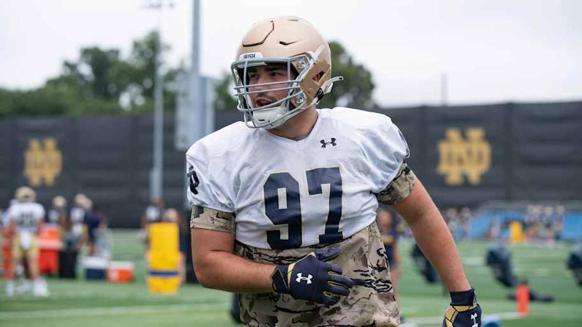  Gabriel Rubio DL of the Fighting Irish at Notre Dame football practice at the Irish Athletic Center on August 7, 2023. | MATTIE NERETIN / USA TODAY NETWORK 