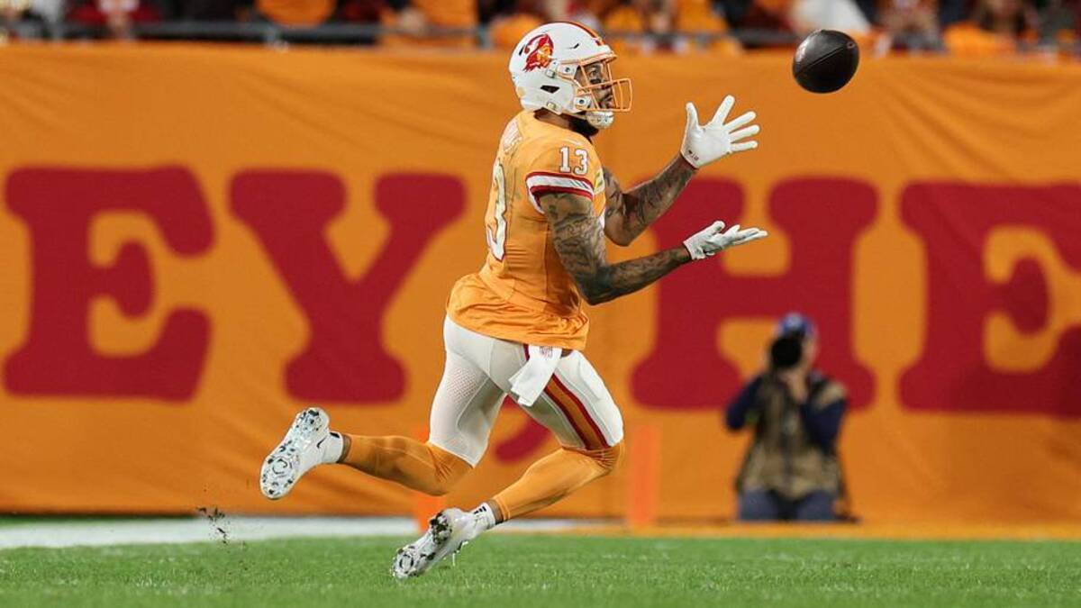  Dec 11, 2025; Tampa, Florida, USA; Tampa Bay Buccaneers wide receiver Mike Evans (13) catches a thirty-three yard pass thrown by quarterback Baker Mayfield (6) against the Atlanta Falcons during the second quarter at Raymond James Stadium. Mandatory Credit: Nathan Ray Seebeck-Imagn Images | Nathan Ray Seebeck-Imagn Images 