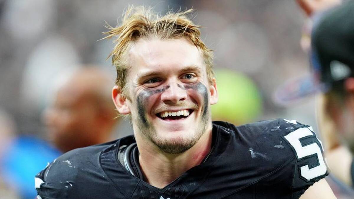  Oct 12, 2025; Paradise, Nevada, USA; Las Vegas Raiders linebacker Cody Lindenberg (55) reacts after the game against the Tennessee Titans at Allegiant Stadium. Mandatory Credit: Stephen R. Sylvanie-Imagn Images | Stephen R. Sylvanie-Imagn Images 
