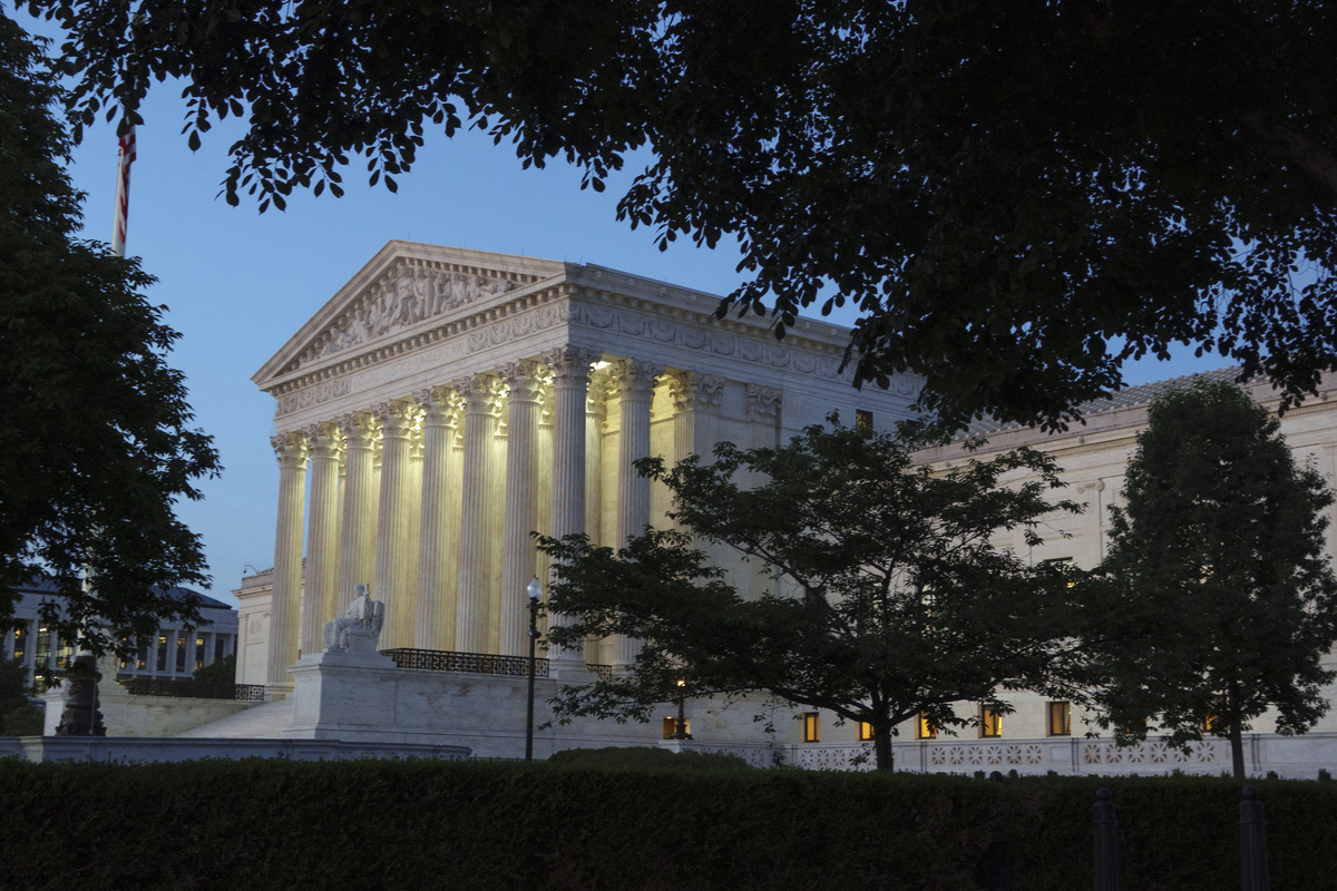  The U.S. Supreme Court is seen at dusk on June 2, 2026 in Washington, DC. 