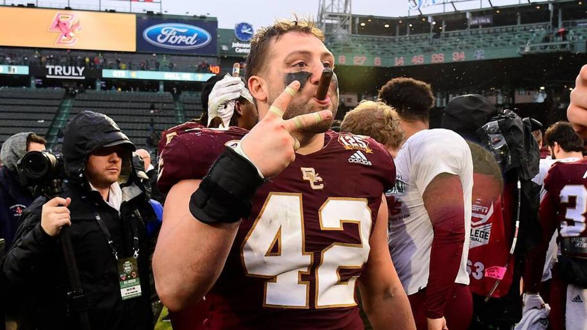  Dec 28, 2023; Boston, MA, USA; Boston College Eagles linebacker Vinny DePalma (42) celebrates defeating the Southern Methodist Mustangs in the Wasabi Fenway Bowl at Fenway Park. Mandatory Credit: Eric Canha-Imagn Images | Eric Canha-Imagn Images 