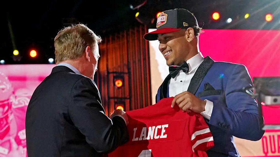  Apr 29, 2021; Cleveland, Ohio, USA; Trey Lance (North Dakota State) with NFL commissioner Roger Goodell after being selected by the San Francisco 49ers as the number three overall pick in the first round of the 2021 NFL Draft at First Energy Stadium. Mandatory Credit: Kirby Lee-Imagn Images | Kirby Lee-Imagn Images 