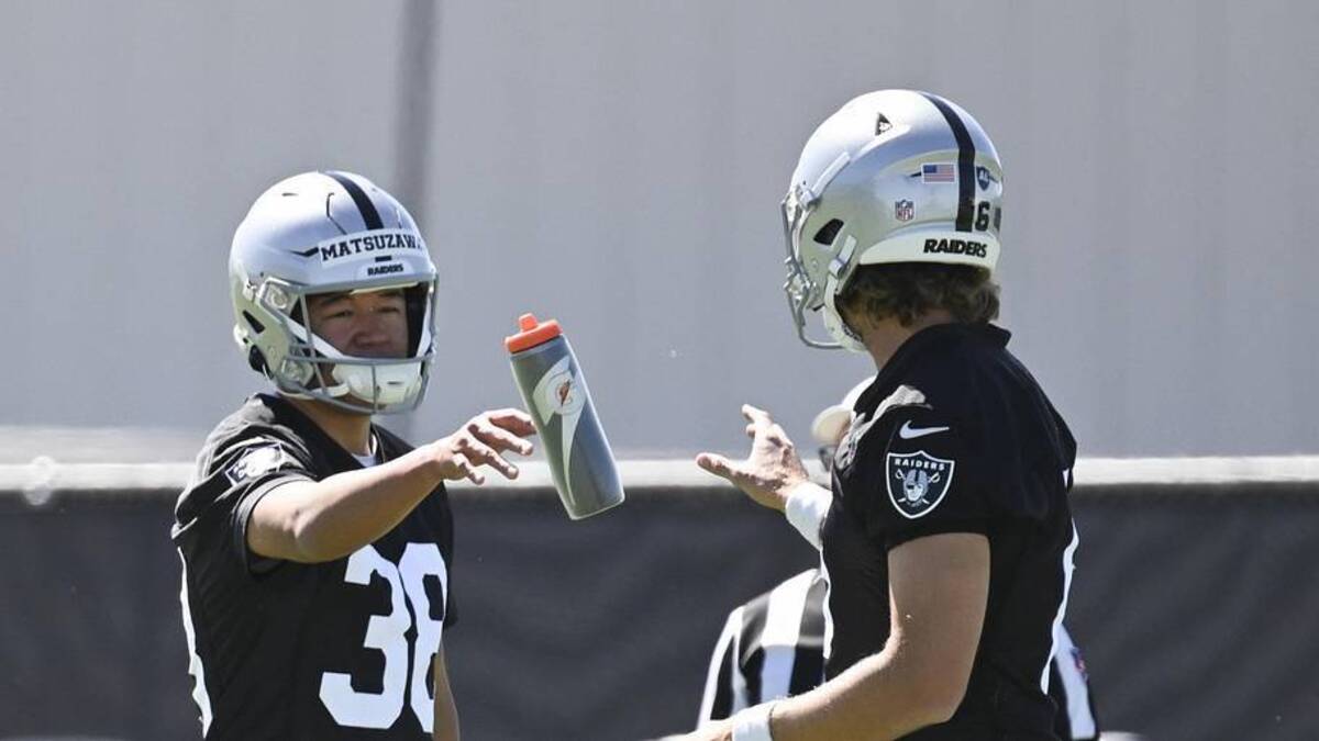  May 28, 2026; Henderson, NV, USA; Las Vegas Raiders kicker Kansei Matsuzawa (38) and punter AJ Cole (6) run through a drill during organized team activities at Intermountain Health Performance Center. Mandatory Credit: Candice Ward-Imagn Images | Candice Ward-Imagn Images 
