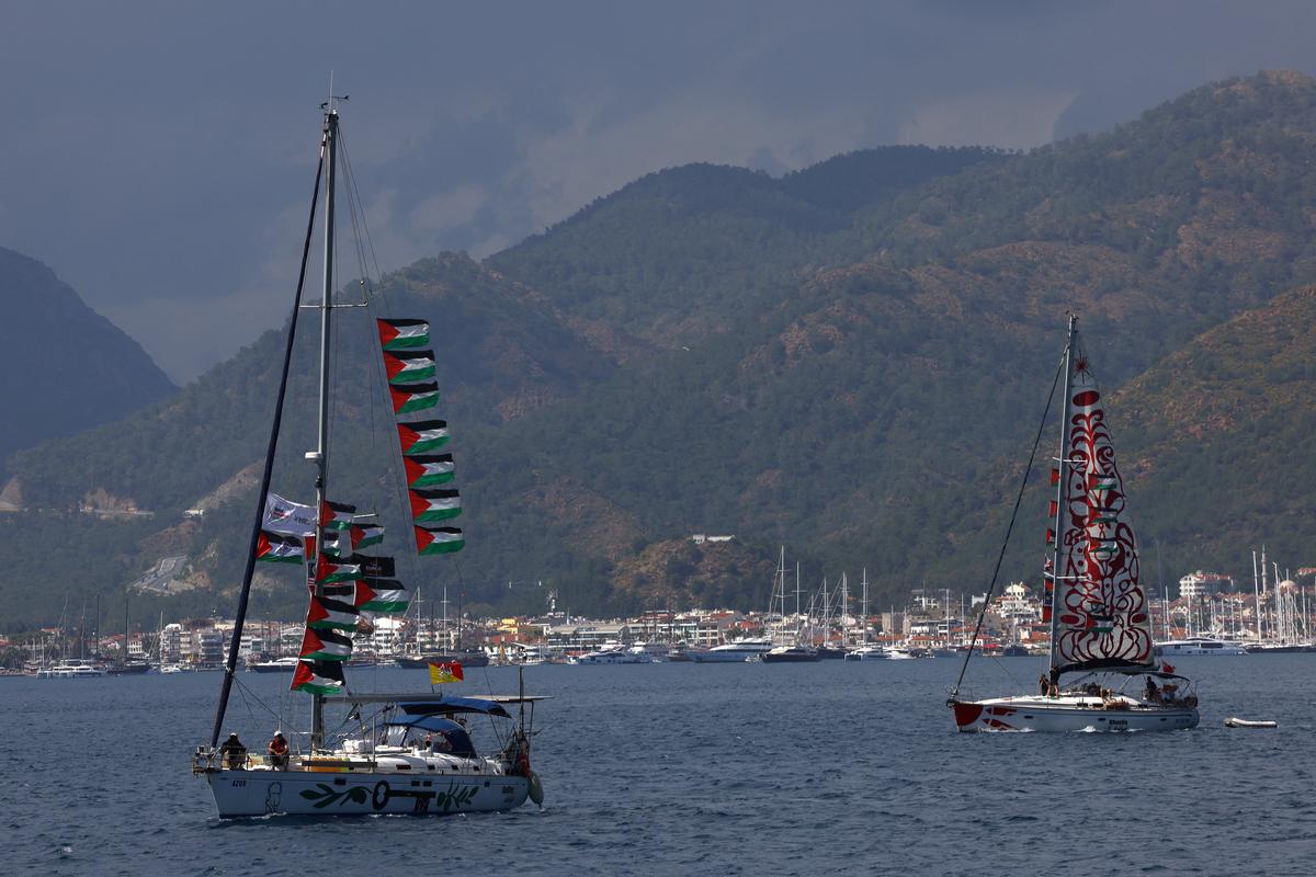 Boats taking part in the Global Sumud Flotilla, which aims to reach Gaza and break Israel’s naval blockade, set sail from a port in the southern Turkish resort of Marmaris, Turkey, May 14, 2026. REUTERS/Dilara Senkaya