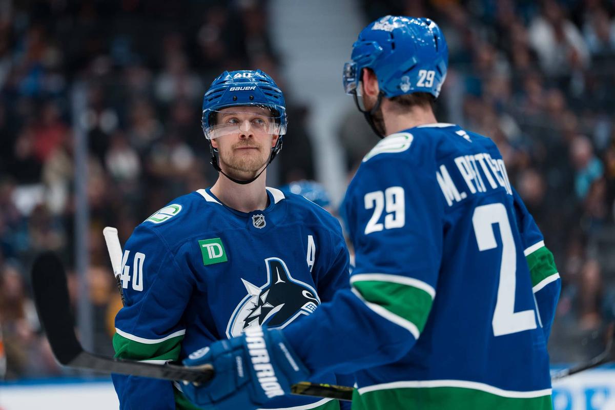  Vancouver Canucks forward Elias Pettersson (40) during a stop in play at Rogers Arena. Bob Frid-Imagn Images
