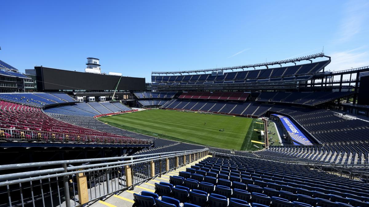 FIFA World Cup 2026 Venues – Boston Stadium. A general view of the field preparations inside Gillette Stadium ahead of the FIFA World Cup 2026 at Boston Stadium on May 26, 2026 in Boston, Massachusetts. 