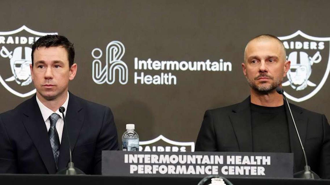  Feb 10, 2026; Henderson, NV, USA; Las Vegas Raiders coach Klint Kubiak (left) and general manager John Spytek at introductory press conference at Intermountain Health Performance Center. Mandatory Credit: Kirby Lee-Imagn Images | Kirby Lee-Imagn Images 