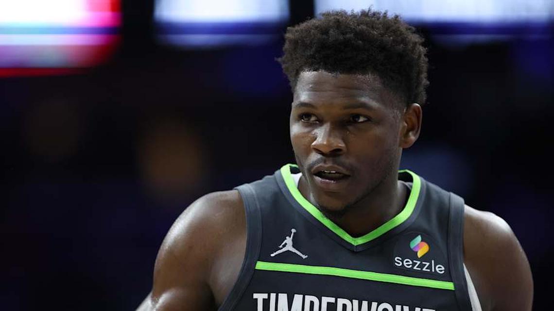  Minnesota Timberwolves guard Anthony Edwards looks on against the Philadelphia 76ers. | Bill Streicher-Imagn Images 