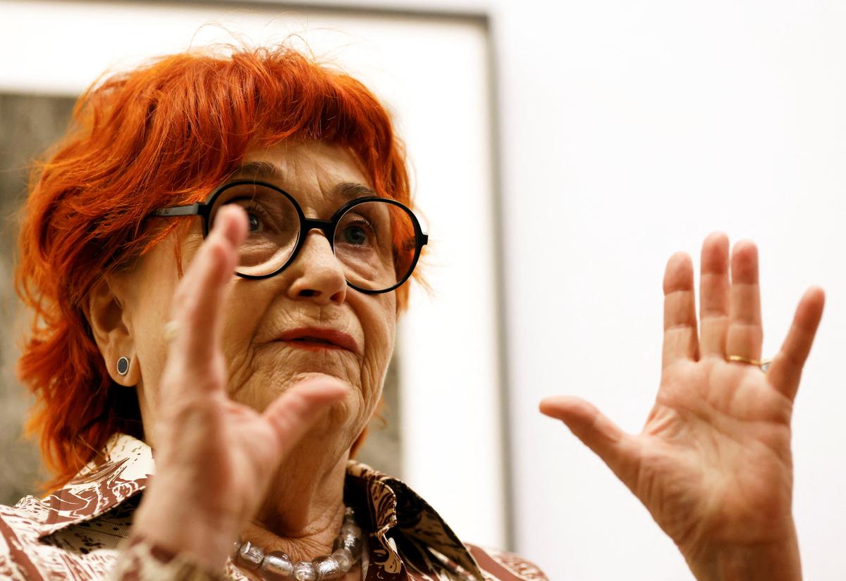 Austrian avant-garde artist Valie Export addresses the media prior the opening of her exhibition 'VALIE EXPORT Retrospective' at the Albertina museum in Vienna, Austria, June 22. 2023. REUTERS/Leonhard Foeger