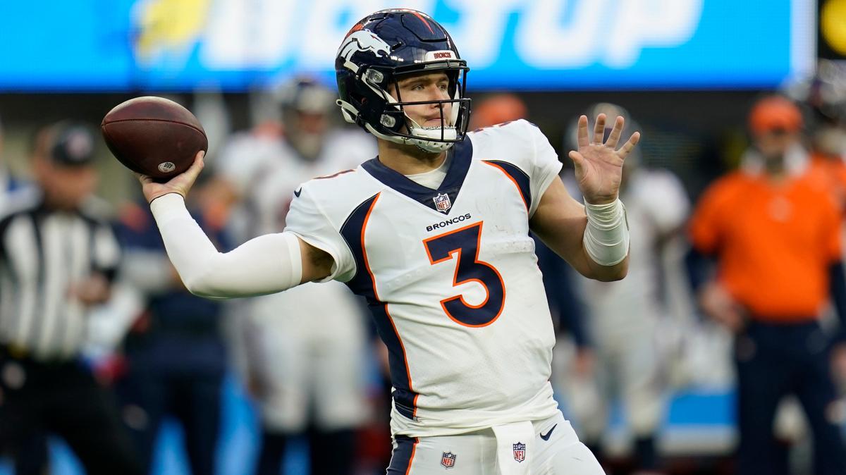 Denver Broncos quarterback Drew Lock throws during the second half of an NFL football game against the Los Angeles Chargers Sunday, Jan. 2, 2022, in Inglewood, Calif. (AP Photo/Ashley Landis)