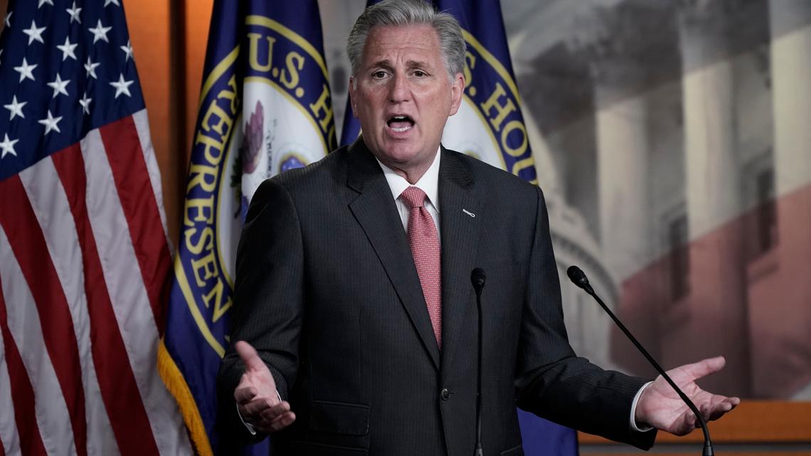 House Minority Leader Kevin McCarthy, R-Calif., talks about House Republicans and the election, during a news conference on Capitol Hill in Washington, Thursday, Nov. 12, 2020. (AP Photo/J. Scott Applewhite)