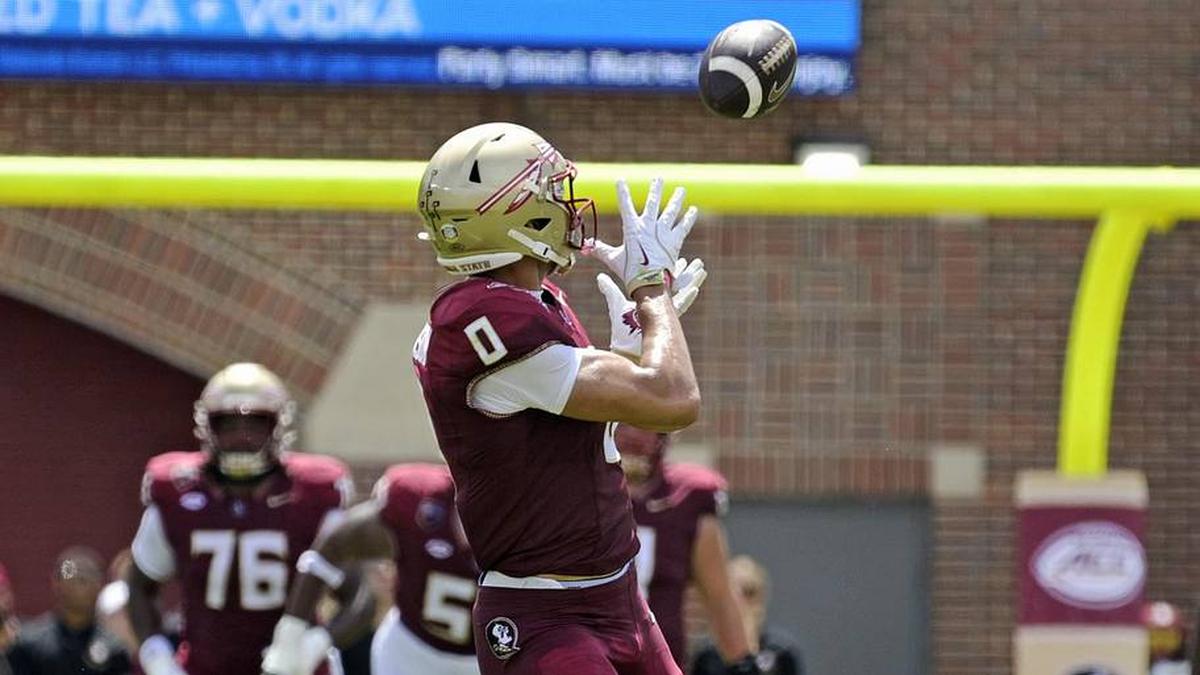  Sep 6, 2025; Tallahassee, Florida, USA; Florida State Seminoles wide receiver Duce Robinson (0) catches a touchdown during the first half against the East Texas A&M at Doak S. Campbell Stadium. Mandatory Credit: Melina Myers-Imagn Images | Melina Myers-Imagn Images 