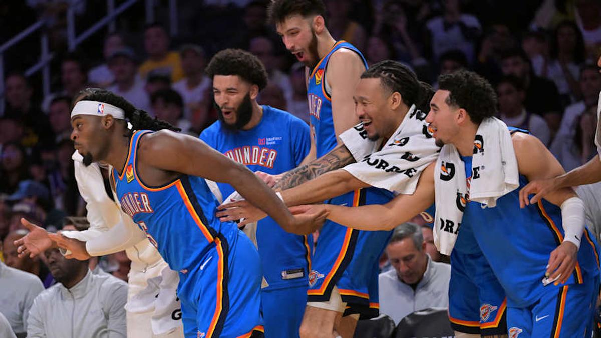  May 9, 2026; Los Angeles, California, USA; Oklahoma City Thunder guard Luguentz Dort (5) is congratulated by the bench after a three-point basket in the second half of game three of the second round of the 2026 NBA Playoffs against the Los Angeles Lakers at Crypto.com Arena. Mandatory Credit: Jayne Kamin-Oncea-Imagn Images | Jayne Kamin-Oncea-Imagn Images 