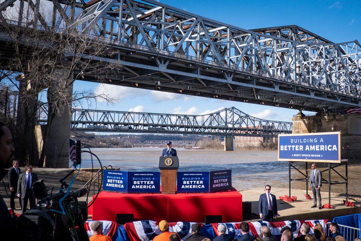 President Joe Biden delivers remarks at the Brent Spence Bridge, which connects Kentucky to Ohio, in Covington, Kentucky, on Jan. 4, 2023. Biden pushed through a $1 trillion program to rebuild the nation’s roads, bridges, airports, water systems, broadband and other infrastructure.