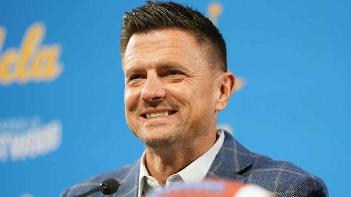  Dec 9, 2025; Los Angeles, CA, USA; Bob Chesney is introduced as UCLA Bruins football coach at press conference at Renee Luskin Conference Center Centennial Ballroom. Mandatory Credit: Kirby Lee-Imagn Images | Kirby Lee-Imagn Images 