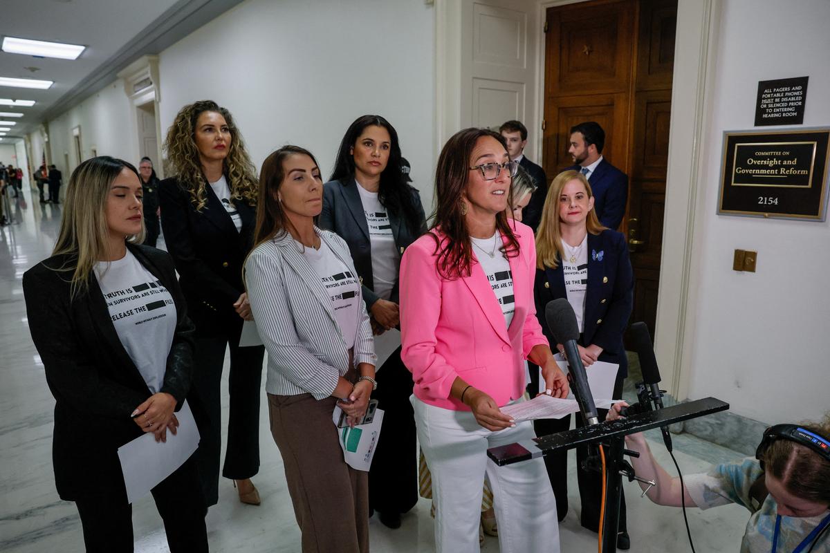 World Without Exploitation CEO Lauren Hersh speaks to the media as survivors of Jeffrey Epstein stand behind her, on the day of a House Oversight and Government Reform Committee interview with former U.S. Attorney General Pam Bondi as part of the committee's ongoing probe into the Justice Department's handling of the Jeffrey Epstein files, on Capitol Hill in Washington, D.C., U.S., May 29, 2026. REUTERS/Kylie Cooper