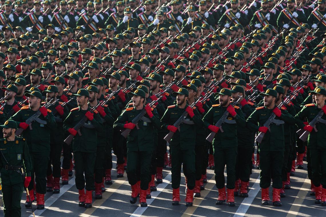 FILE -- Revolutionary Guard cadets march during an annual military parade in Tehran, Iran, Sept. 21, 2024. The IRGC, formed as protectors of the 1979 Islamic Revolution, has steadily amassed power through top political roles, stakes in key industries, domination of intelligence operations and cultivation of ties with militant groups in the Middle East. (Arash Khamooshi/The New York Times)