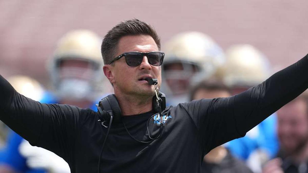  May 2, 2026; Pasadena, CA, USA; UCLA Bruins coach Bob Chesney reacts during the spring game at Rose Bowl. Mandatory Credit: Kirby Lee-Imagn Images | Kirby Lee-Imagn Images 