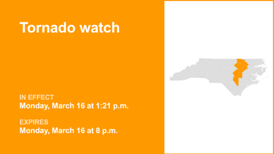 UPDATE: Tornado watch in place for Eastern North Carolina until Monday evening 