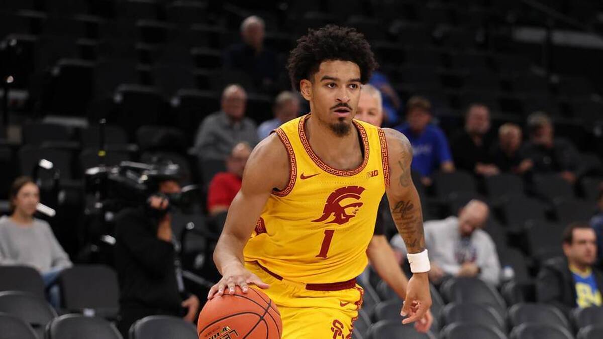  Nov 14, 2025; Inglewood, California, USA; Southern California Trojans guard Rodney Rice (1) dribbles the ball during the first half of the Hall of Fame Series game against the Illinois State Redbirds at Intuit Dome. Mandatory Credit: Kiyoshi Mio-Imagn Images | Kiyoshi Mio-Imagn Images 