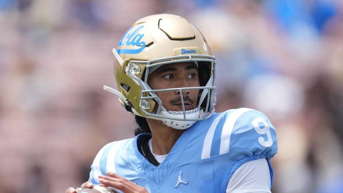  May 2, 2026; Pasadena, CA, USA; UCLA Bruins quarterback Nico Iamaleava (9) throws the ball during the spring game at Rose Bowl. Mandatory Credit: Kirby Lee-Imagn Images | Kirby Lee-Imagn Images 