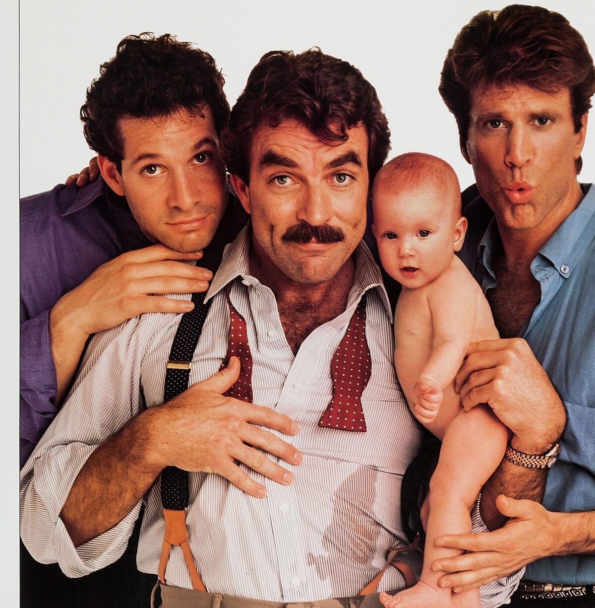 Steve Guttenberg, Tom Selleck, Lisa/Michelle Blair, Ted Danson, Three Men and a Baby, 1987©Buena Vista Pictures/courtesy Everett Collection