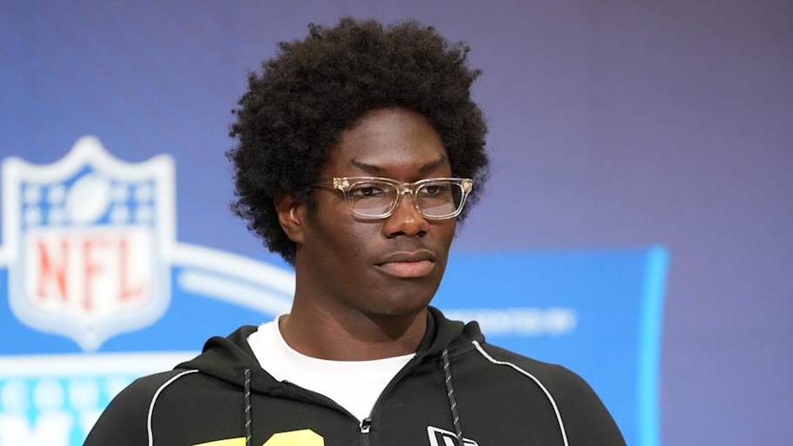  Feb 25, 2026; Indianapolis, IN, USA; Southern California defensive lineman Anthony Lucas (DL50) speaks during the NFL Scouting Combine at the Indiana Convention Center. Mandatory Credit: Kirby Lee-Imagn Images | Kirby Lee-Imagn Images 